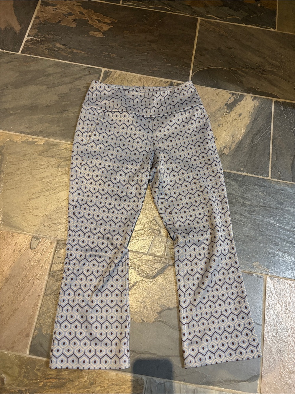 CAbi Hexagon Print Cropped Pants in Light Blue, brown & Cream